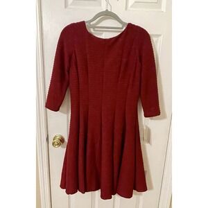 JULIAN TAYLOR Dress Sz 10 Maroon A-line Swing Skirt Textured Stripes Stretch NWT